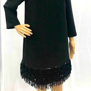 Kate Spade Size 6 - 3/4 Length Sleeves Black Dress with Fringe and Jewels at Hem
